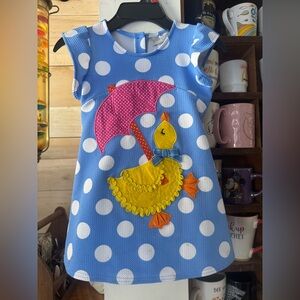 Blue Polka Dot Dress with Duck and Umbrella Design Emily Rose size 7 ADORABLE